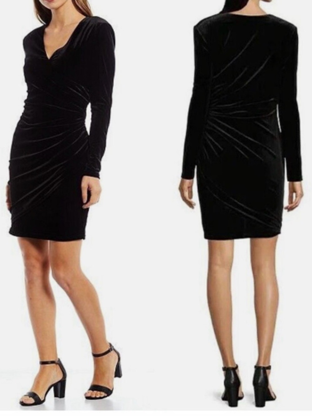 Alex Marie Black Velvet Long-Sleeve Ruched Wrap Dress NWOT